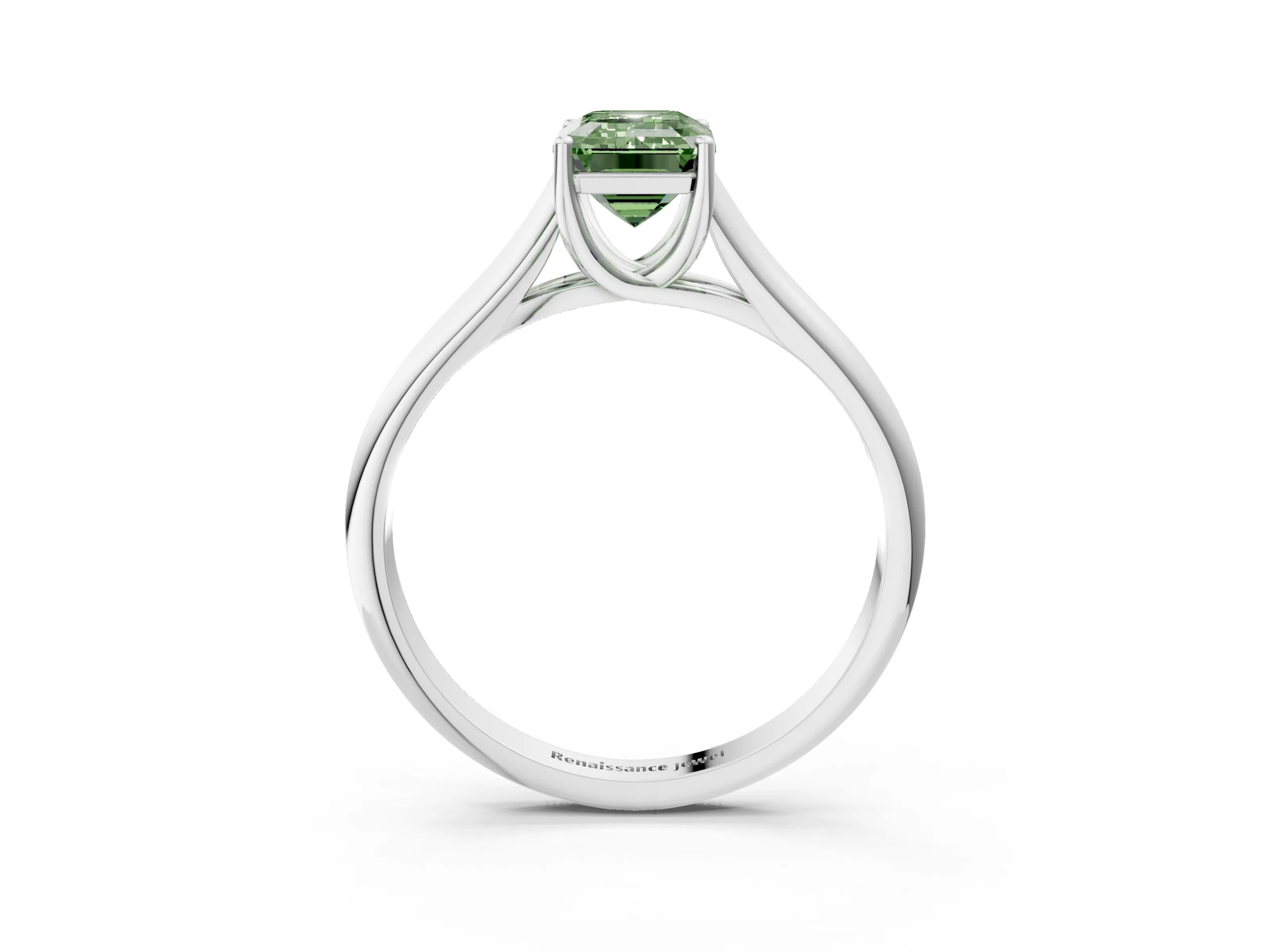 White gold Fancy Green Emerald Cut Solitaire Engagement Ring with Tapered Band and Four-Prong Setting_6