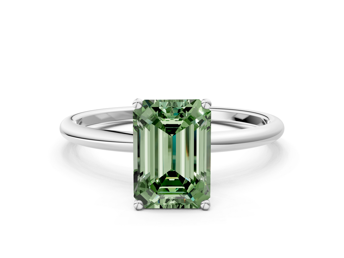 White gold Fancy Green Emerald  Cut Solitaire Engagement Ring with Thin Band and Four-Prong Setting_3