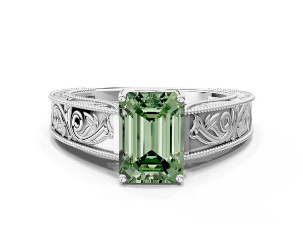 White gold Fancy Green Emerald Cut Diamond Solitaire Ring with Engraved Band and Four-Prong Setting