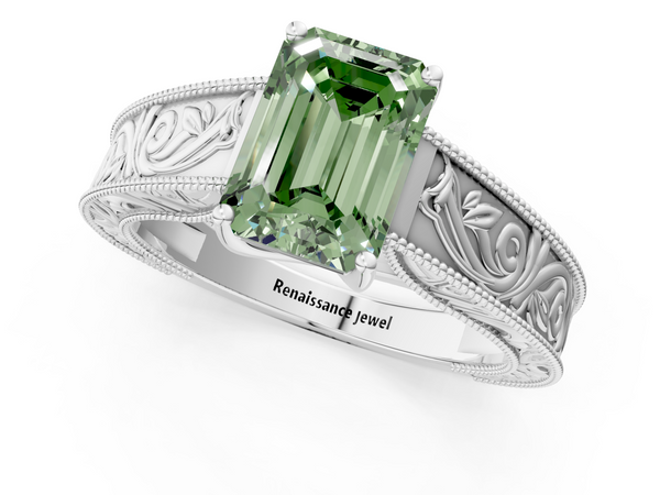White gold Fancy Green Emerald Cut Diamond Solitaire Ring with Engraved Band and Four-Prong Setting