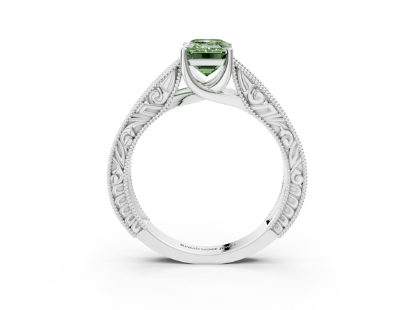White gold Fancy Green Emerald Cut Diamond Solitaire Ring with Engraved Band and Four-Prong Setting