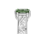 White gold Fancy Green Emerald  Cut Solitaire Engraved Band with Four-Prong Setting_84