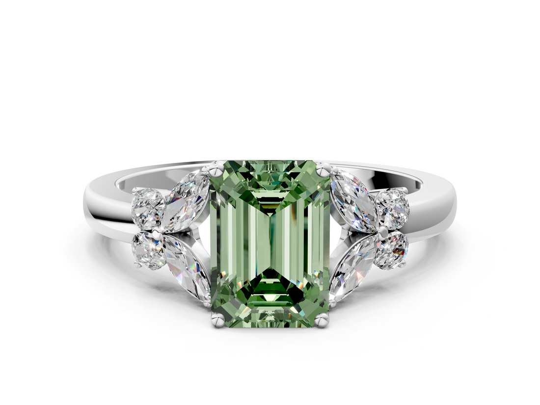 White gold Fancy Green Emerald  Cut Solitaire Floral Diamond Ring with Four-Prong Setting_36