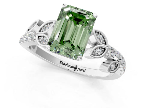 White gold Fancy Green Emerald Cut Solitaire Leaf-Inspired Diamond Ring with Pavé Band and Four-Prong Setting_13