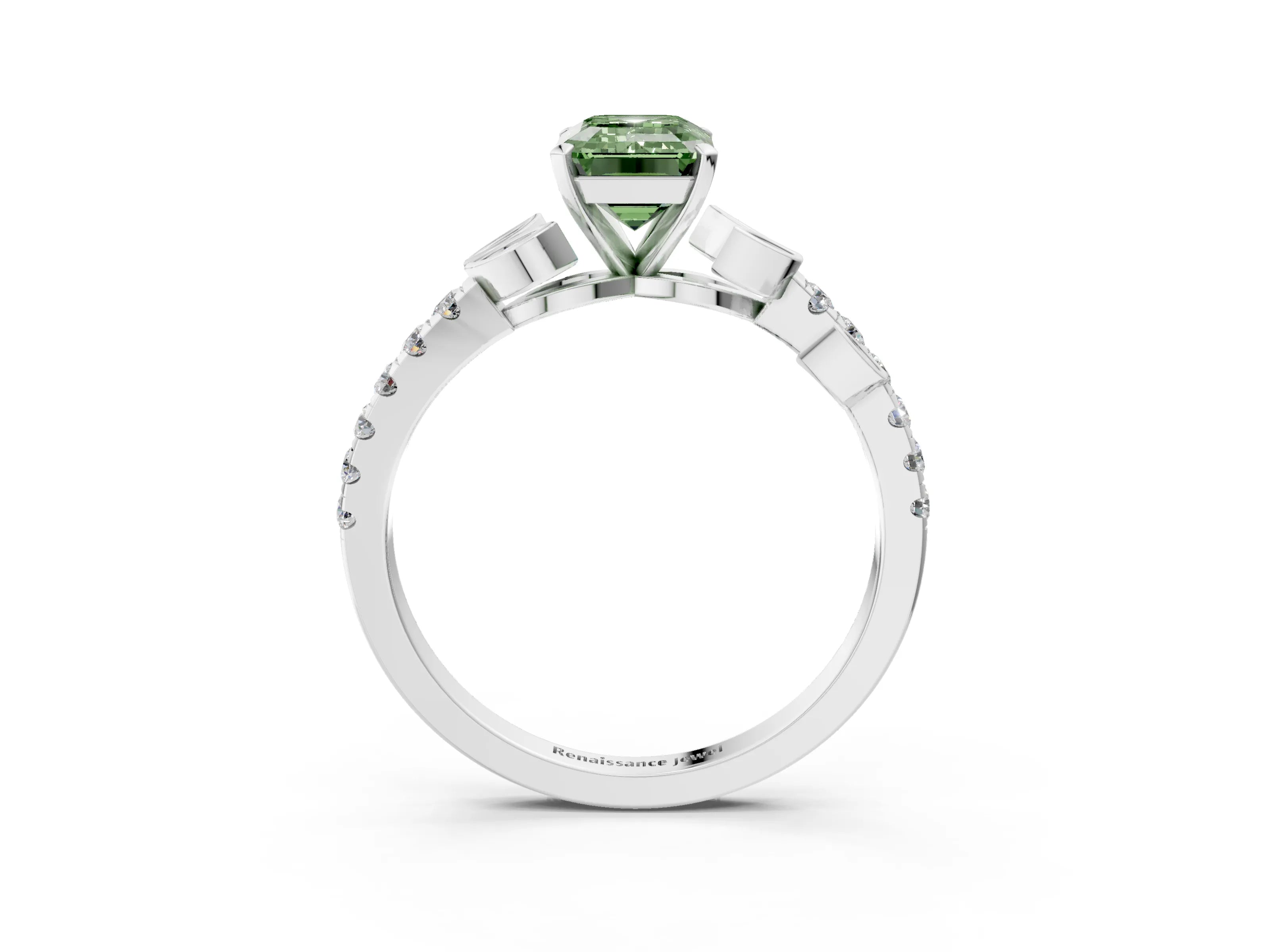 White gold Fancy Green Emerald Cut Solitaire Leaf-Inspired Diamond Ring with Pavé Band and Four-Prong Setting_15