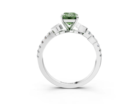 White gold Fancy Green Emerald Cut Solitaire Leaf-Inspired Diamond Ring with Pavé Band and Four-Prong Setting_15