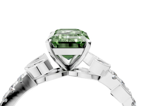 White gold Fancy Green Emerald Cut Solitaire Leaf-Inspired Diamond Ring with Pavé Band and Four-Prong Setting_16