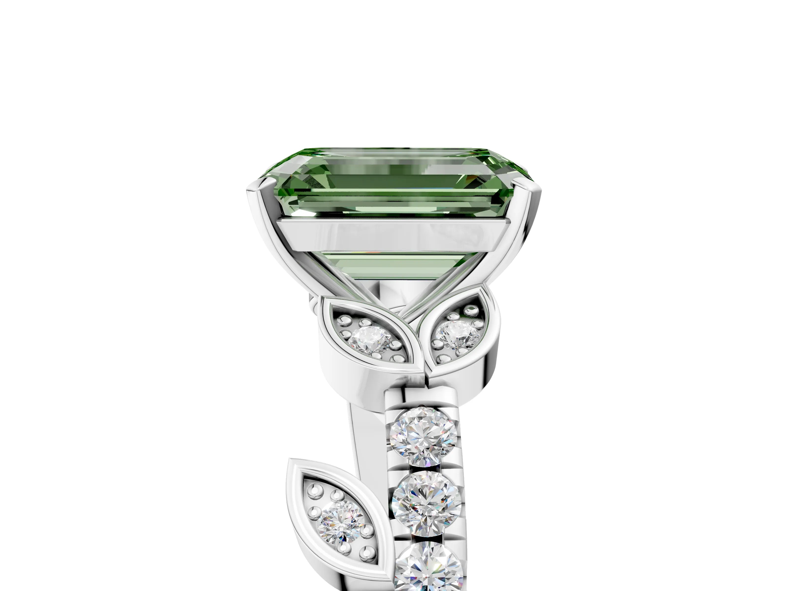 White gold Fancy Green Emerald Cut Solitaire Leaf-Inspired Diamond Ring with Pavé Band and Four-Prong Setting_17