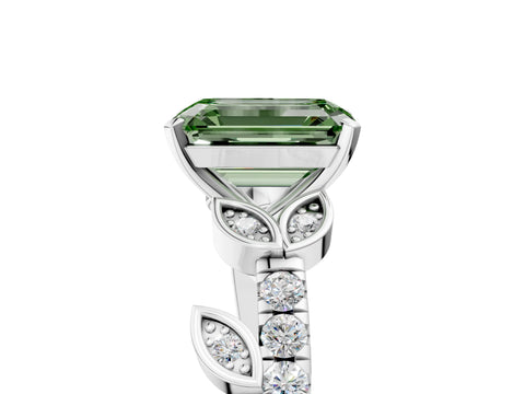 White gold Fancy Green Emerald Cut Solitaire Leaf-Inspired Diamond Ring with Pavé Band and Four-Prong Setting_17