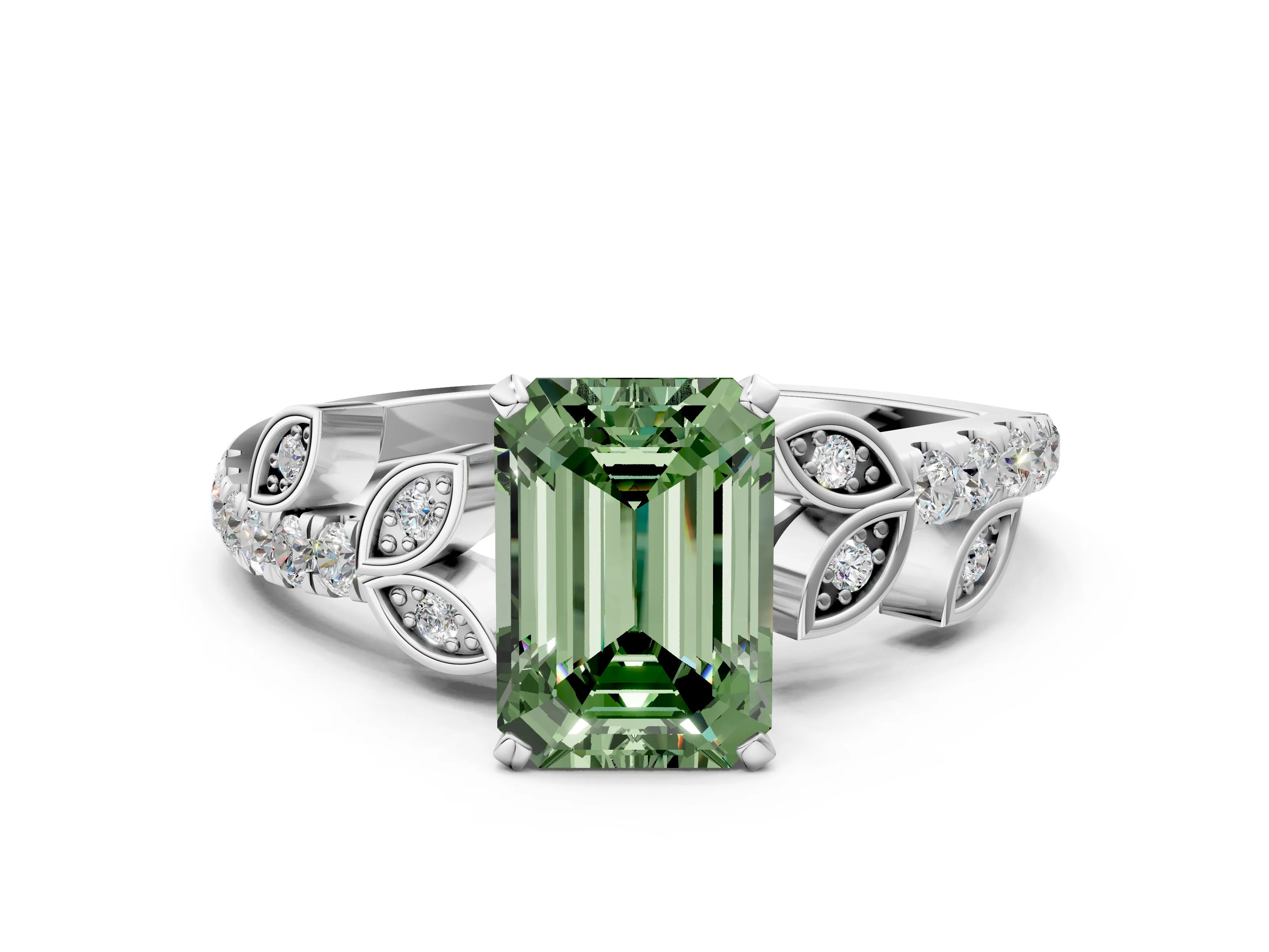 White gold Fancy Green Emerald Cut Solitaire Leaf-Inspired Diamond Ring with Pavé Band and Four-Prong Setting_24