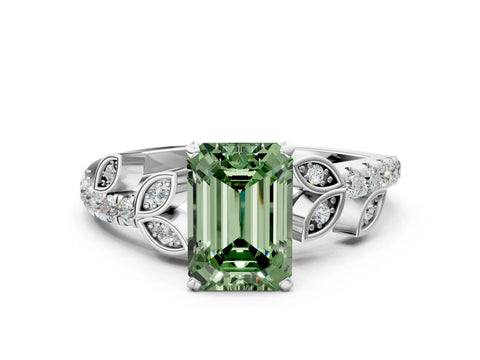 White gold Fancy Green Emerald Cut Solitaire Leaf-Inspired Diamond Ring with Pavé Band and Four-Prong Setting_24