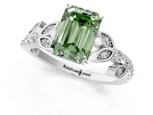 Platinum Fancy Green Emerald Cut Solitaire Leaf-Inspired Diamond Ring with Pavé Band and Four-Prong Setting