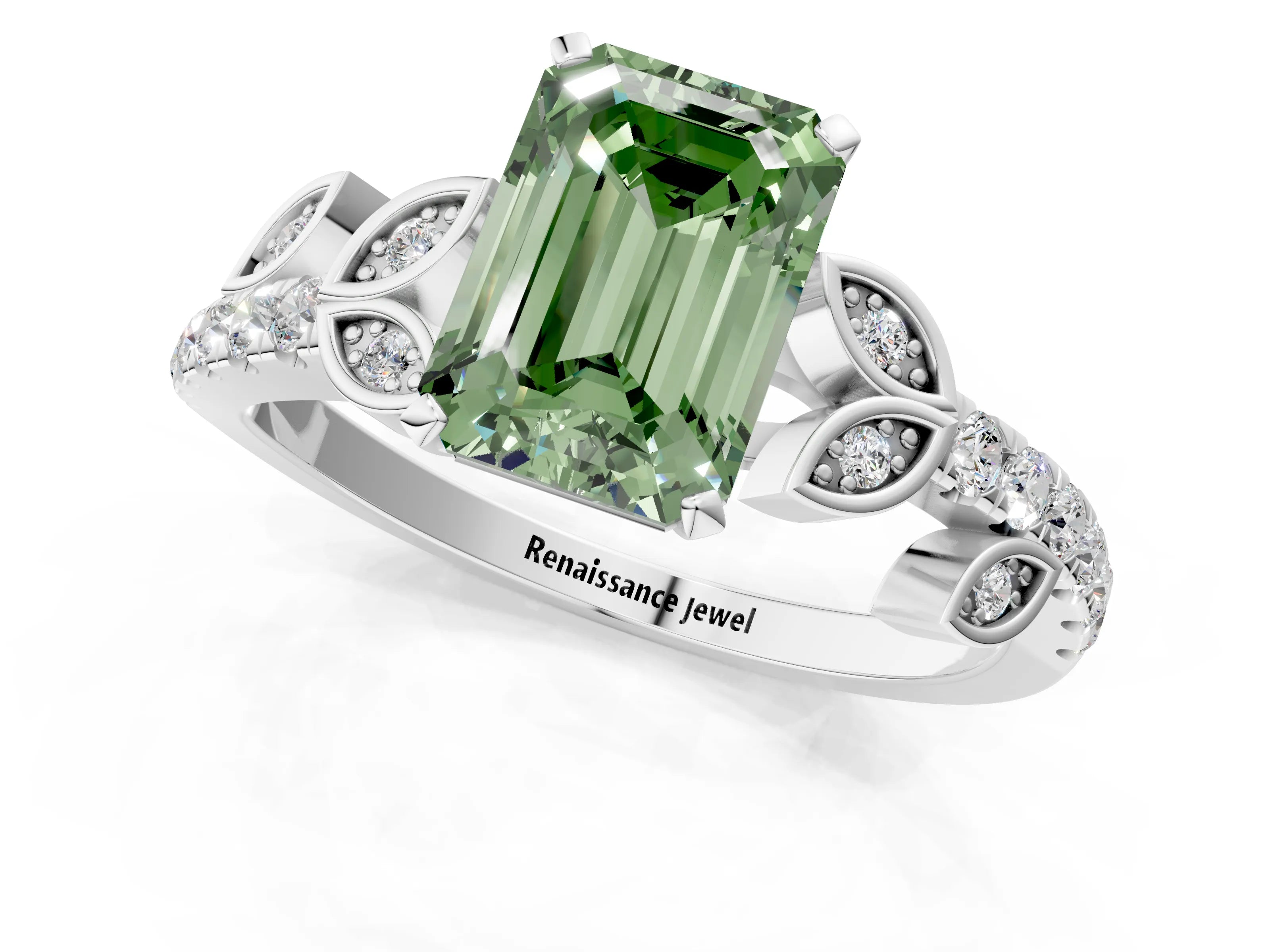 White gold Fancy Green Emerald Cut Solitaire Leaf-Inspired Diamond Ring with Pavé Band and Four-Prong Setting_25