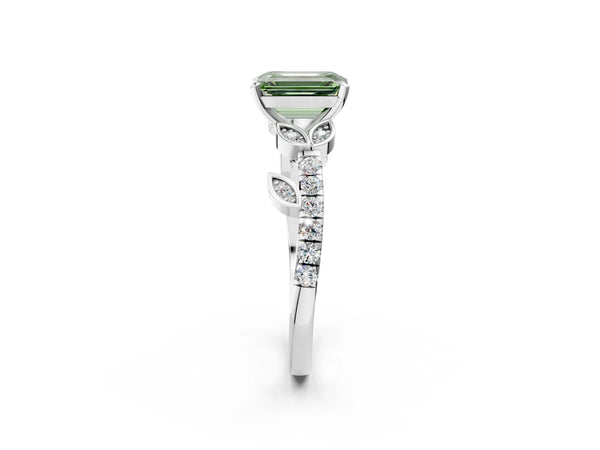 Platinum Fancy Green Emerald Cut Solitaire Leaf-Inspired Diamond Ring with Pavé Band and Four-Prong Setting