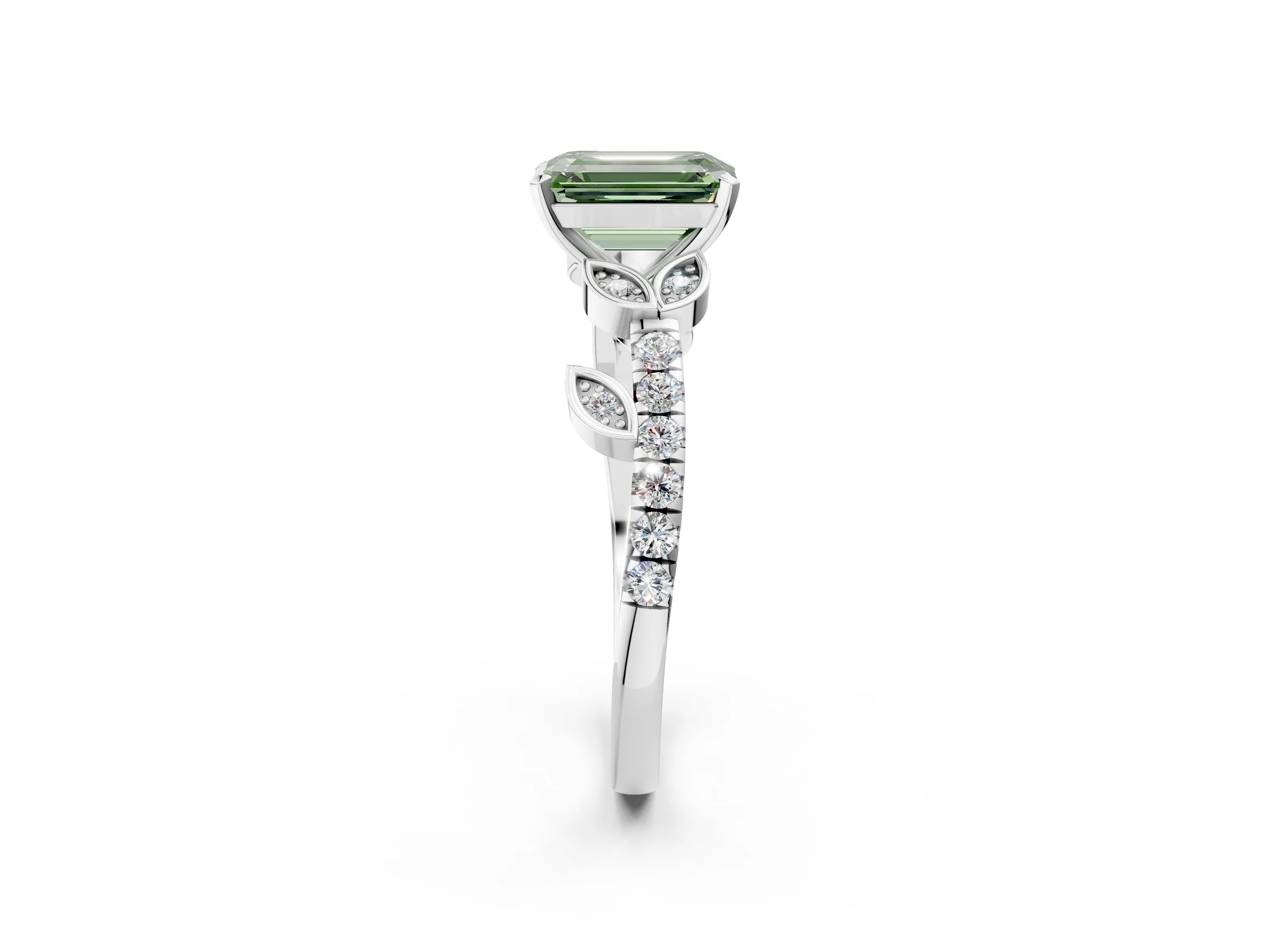 White gold Fancy Green Emerald Cut Solitaire Leaf-Inspired Diamond Ring with Pavé Band and Four-Prong Setting_26