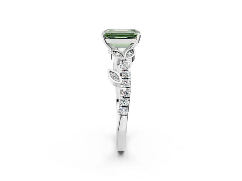 White gold Fancy Green Emerald Cut Solitaire Leaf-Inspired Diamond Ring with Pavé Band and Four-Prong Setting_26
