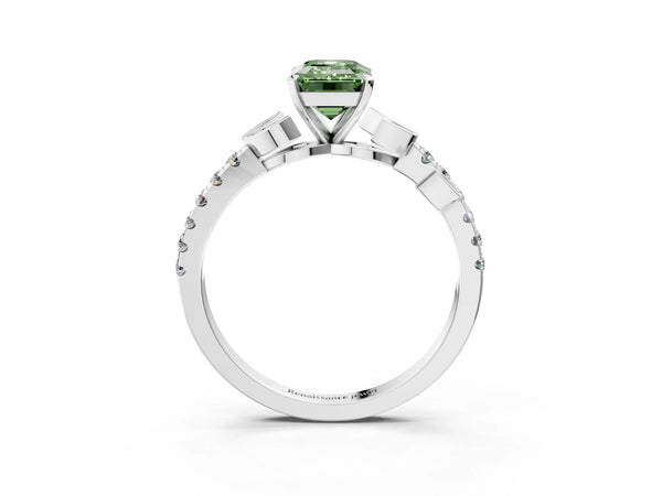 Platinum Fancy Green Emerald Cut Solitaire Leaf-Inspired Diamond Ring with Pavé Band and Four-Prong Setting