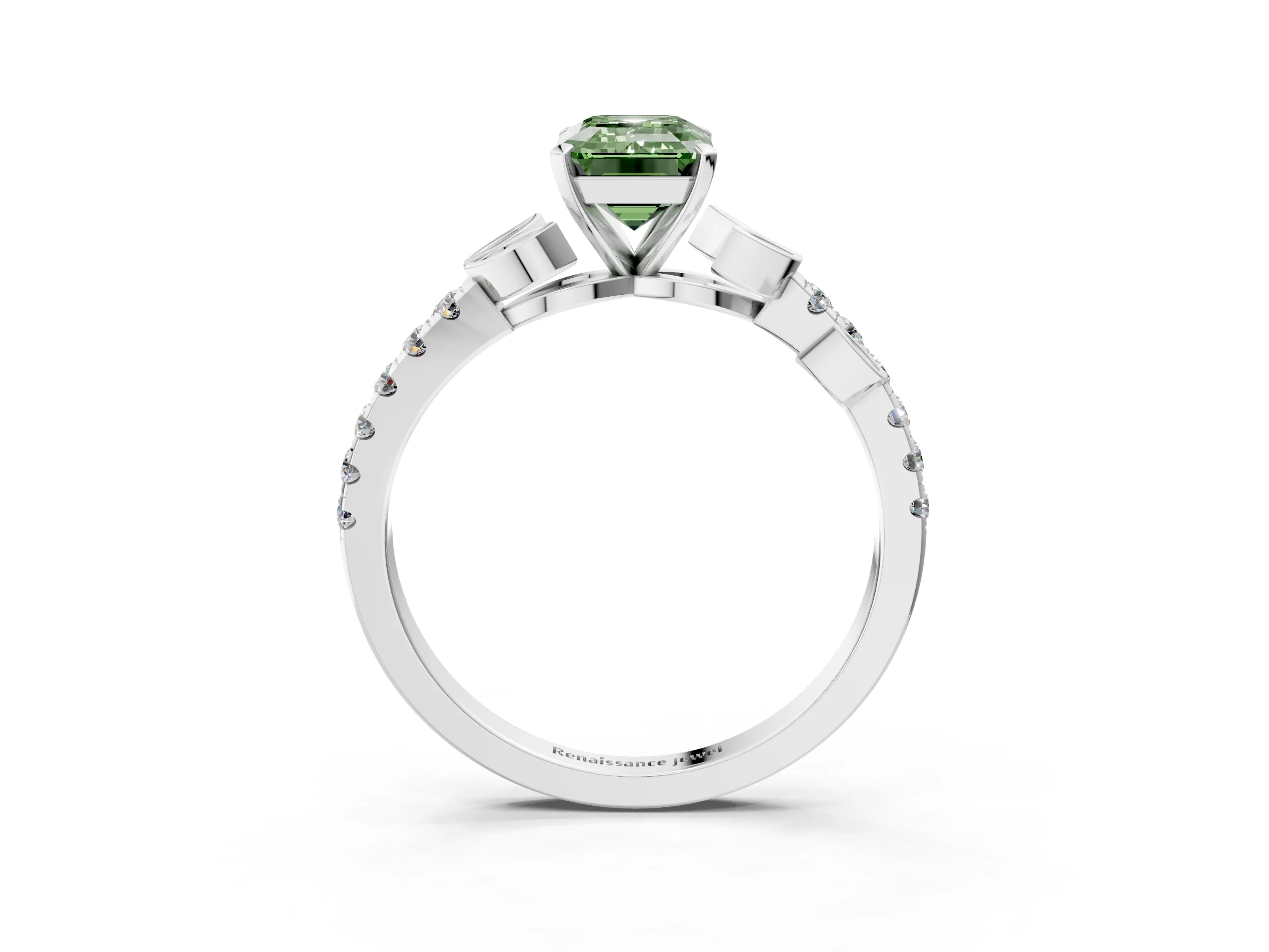 White gold Fancy Green Emerald Cut Solitaire Leaf-Inspired Diamond Ring with Pavé Band and Four-Prong Setting_27