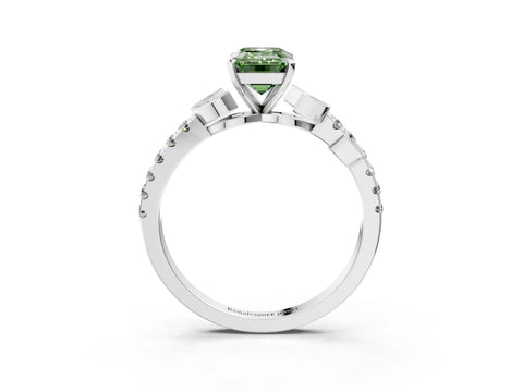 White gold Fancy Green Emerald Cut Solitaire Leaf-Inspired Diamond Ring with Pavé Band and Four-Prong Setting_27