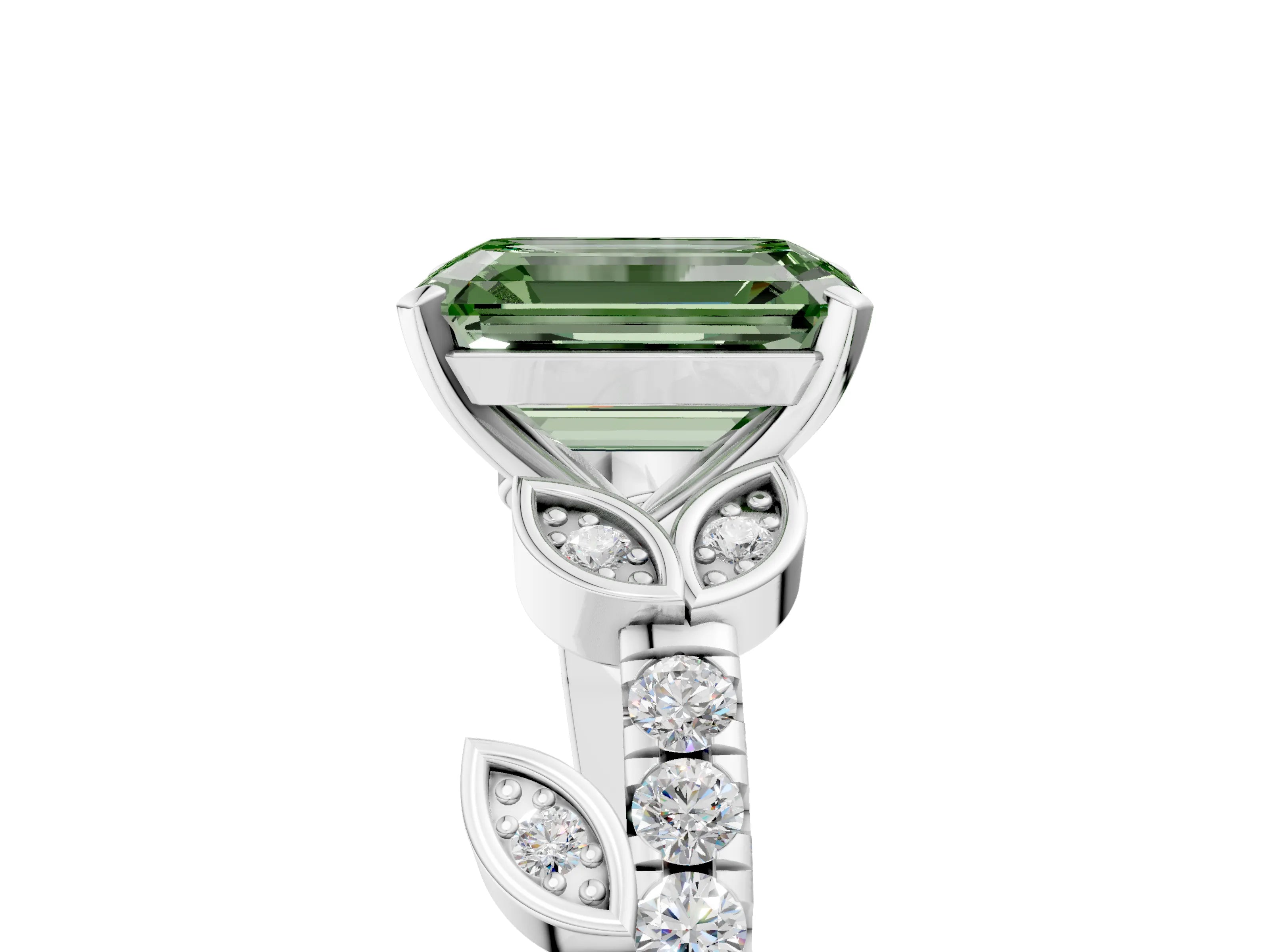 White gold Fancy Green Emerald Cut Solitaire Leaf-Inspired Diamond Ring with Pavé Band and Four-Prong Setting_29