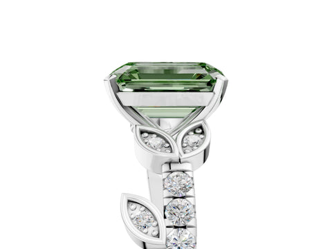 White gold Fancy Green Emerald Cut Solitaire Leaf-Inspired Diamond Ring with Pavé Band and Four-Prong Setting_29