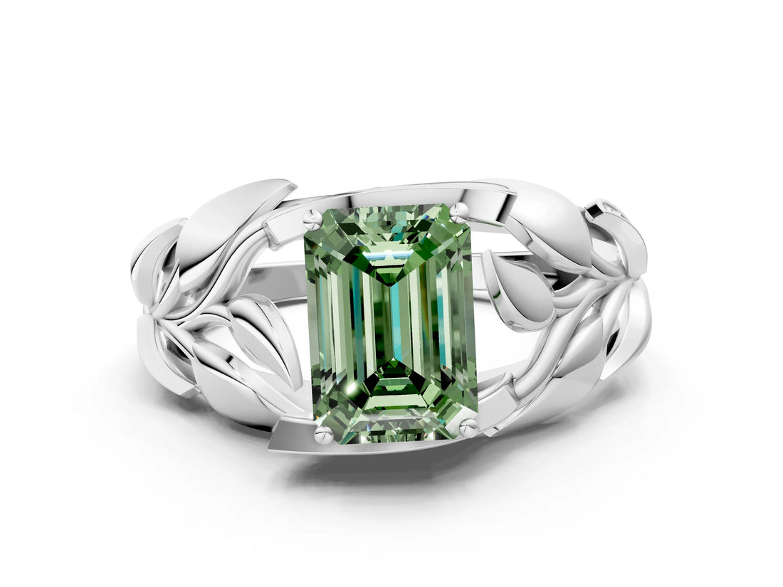 White gold Fancy Green Emerald Cut Solitaire Leaf-Inspired Engagement Ring with Prong Setting_12