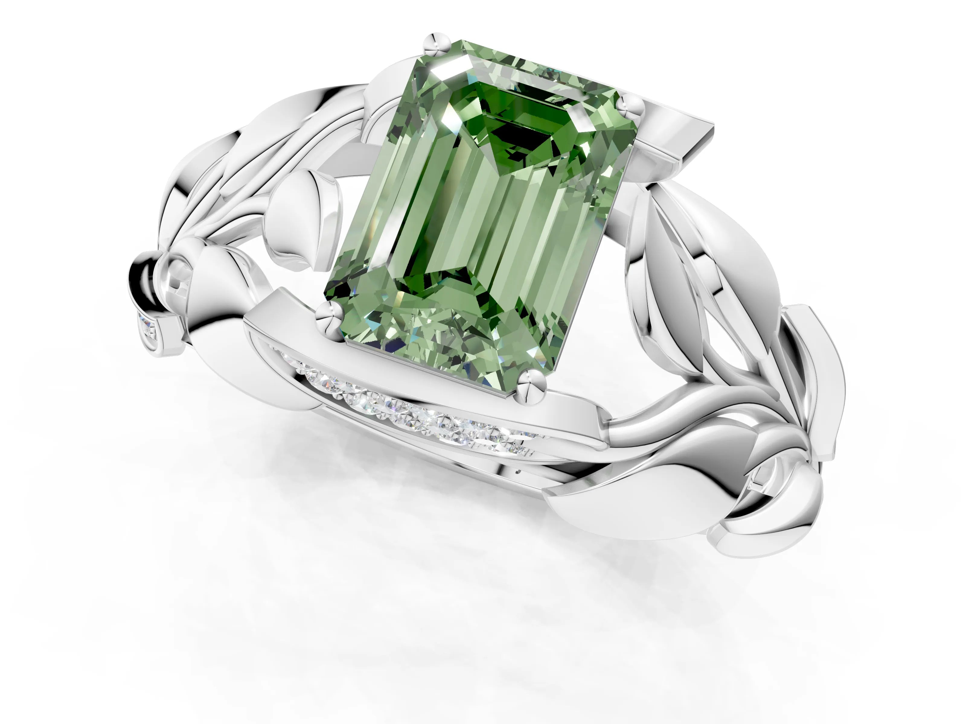 White gold Fancy Green Emerald Cut Solitaire Leaf-Inspired Engagement Ring with Prong Setting_1