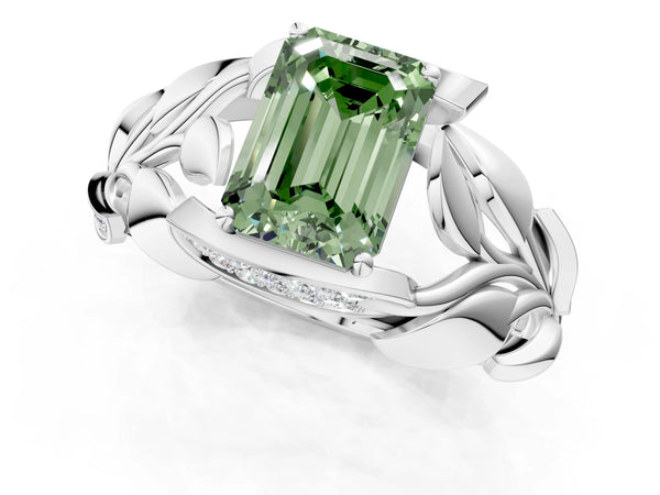 White gold Fancy Green Emerald Cut Solitaire Leaf-Inspired Engagement Ring with Prong Setting