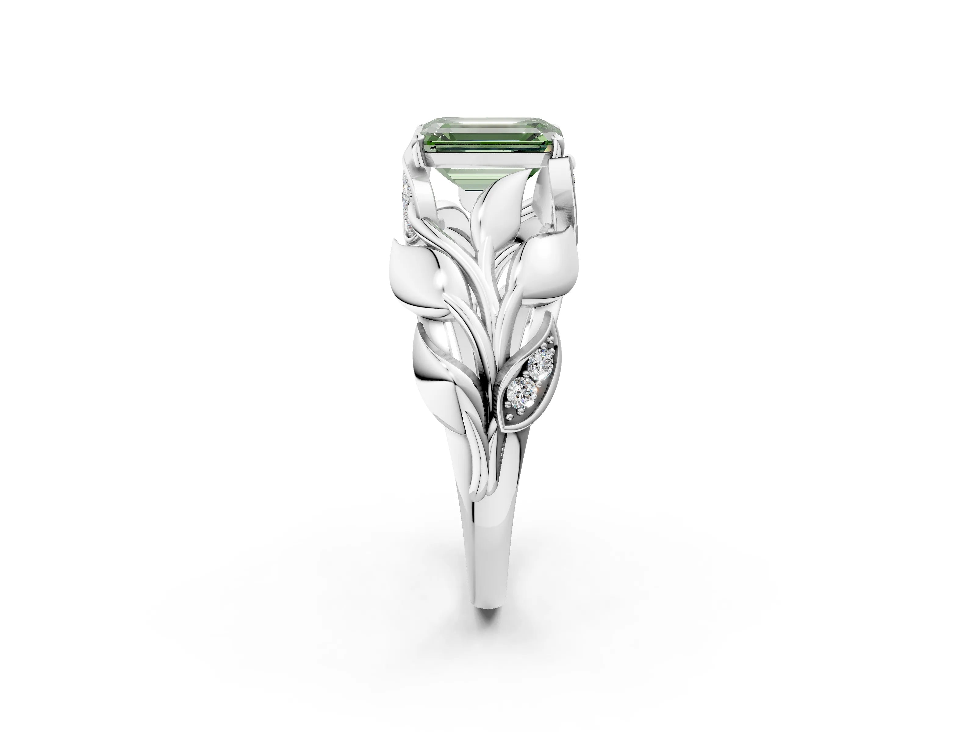 White gold Fancy Green Emerald Cut Solitaire Leaf-Inspired Engagement Ring with Prong Setting_2