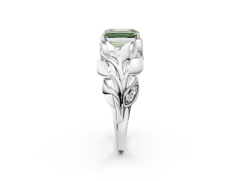 White gold Fancy Green Emerald Cut Solitaire Leaf-Inspired Engagement Ring with Prong Setting_2