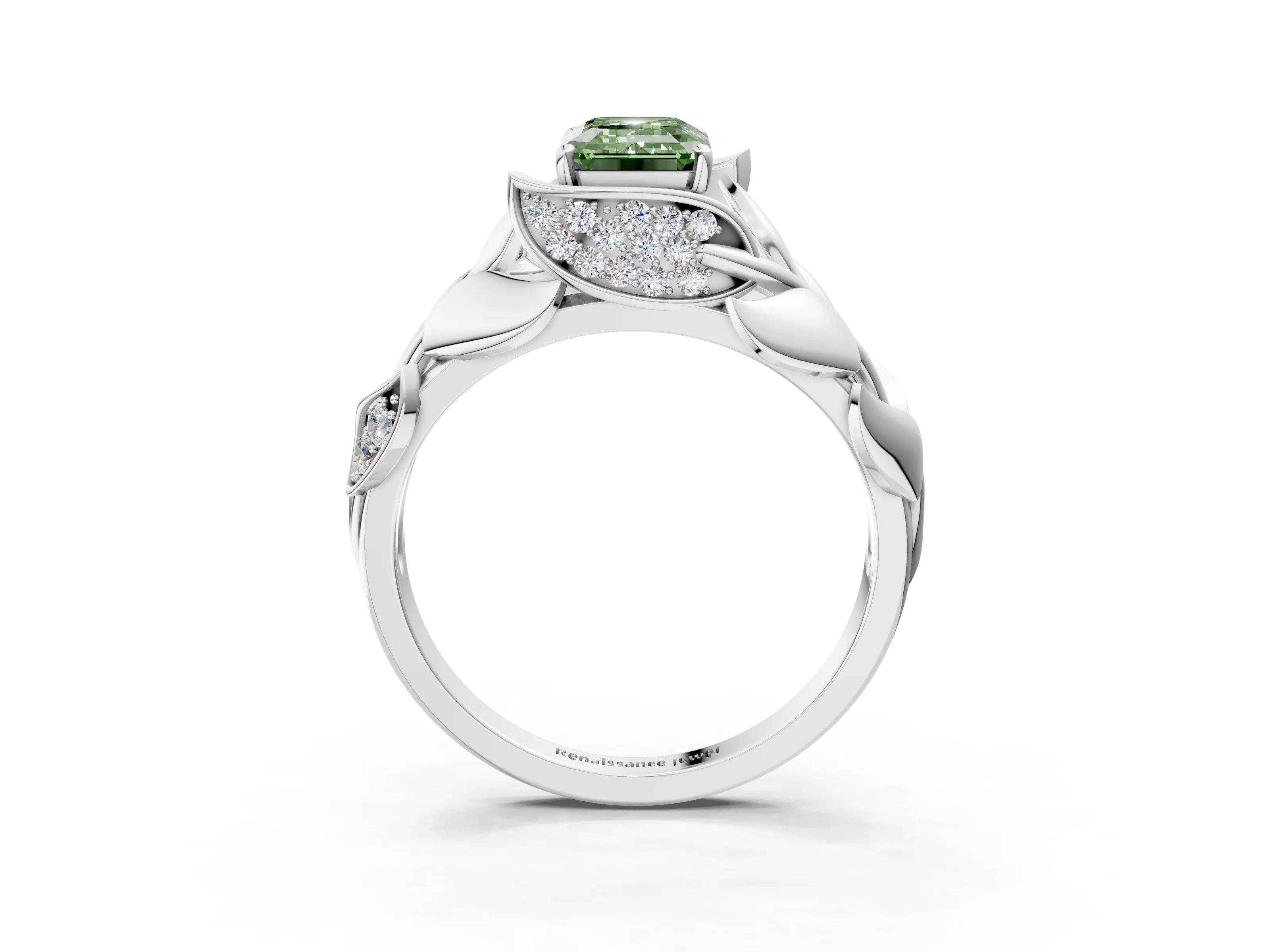 White gold Fancy Green Emerald Cut Solitaire Leaf-Inspired Engagement Ring with Prong Setting_3