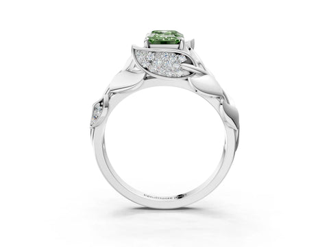 White gold Fancy Green Emerald Cut Solitaire Leaf-Inspired Engagement Ring with Prong Setting_3