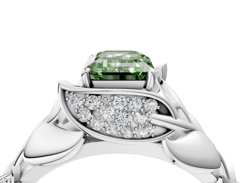 White gold Fancy Green Emerald Cut Solitaire Leaf-Inspired Engagement Ring with Prong Setting_4