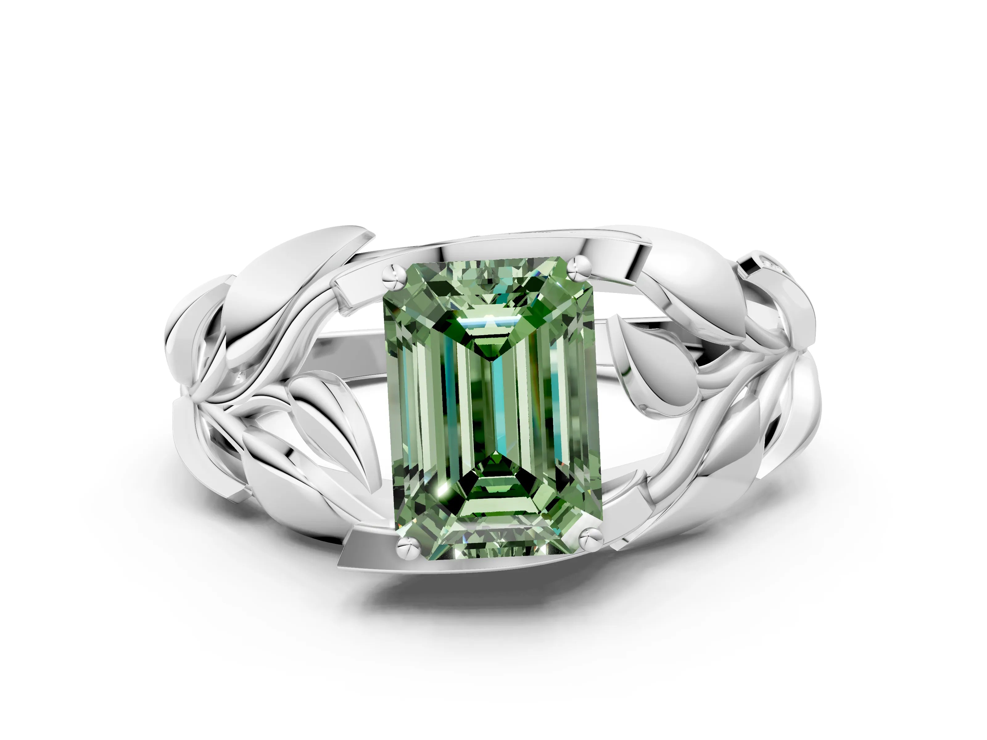 White gold Fancy Green Emerald Cut Solitaire Leaf-Inspired Engagement Ring with Prong Setting