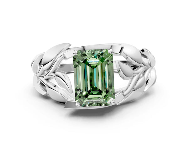 White gold Fancy Green Emerald Cut Solitaire Leaf-Inspired Engagement Ring with Prong Setting