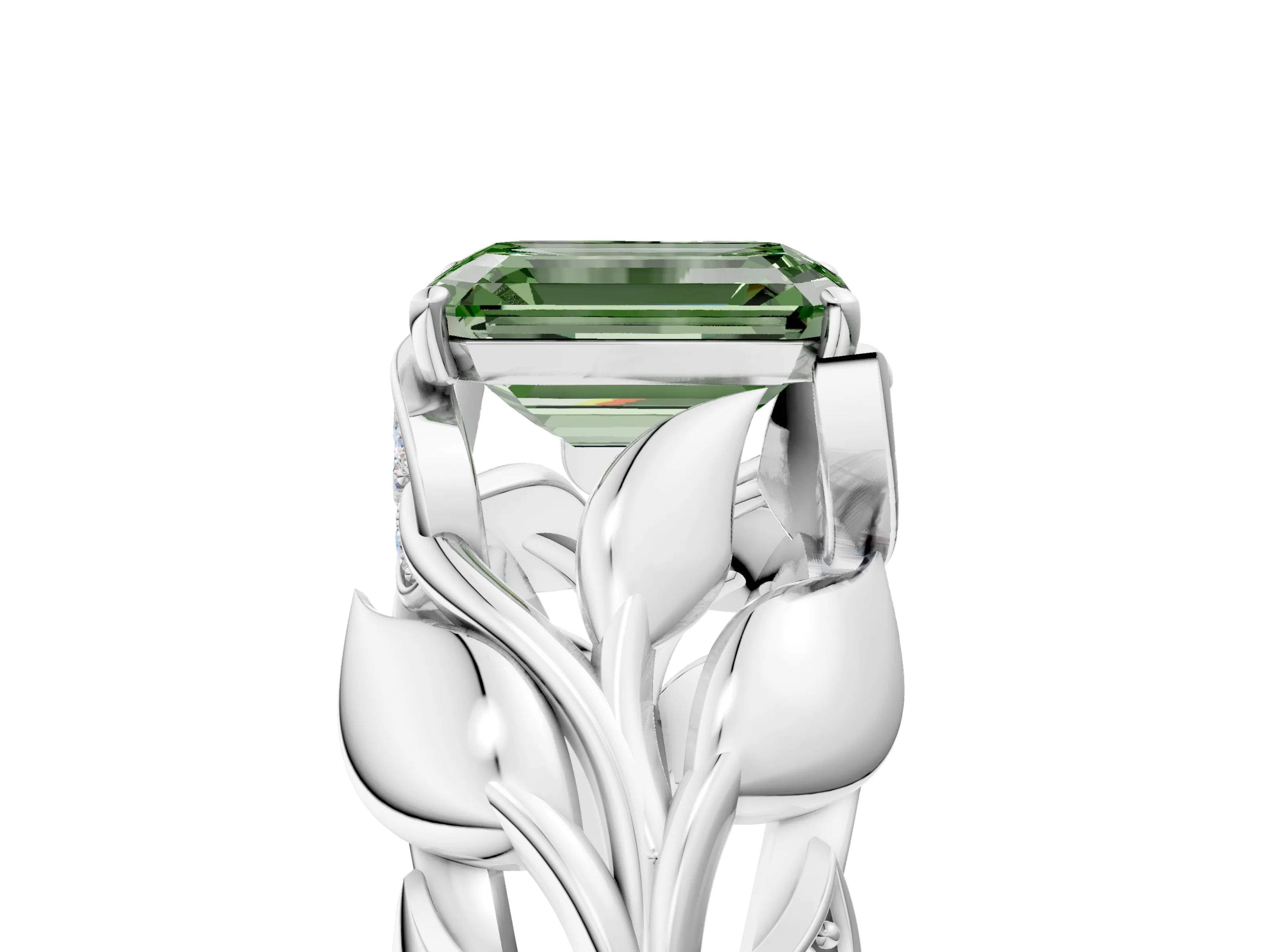 White gold Fancy Green Emerald Cut Solitaire Leaf-Inspired Engagement Ring with Prong Setting_5