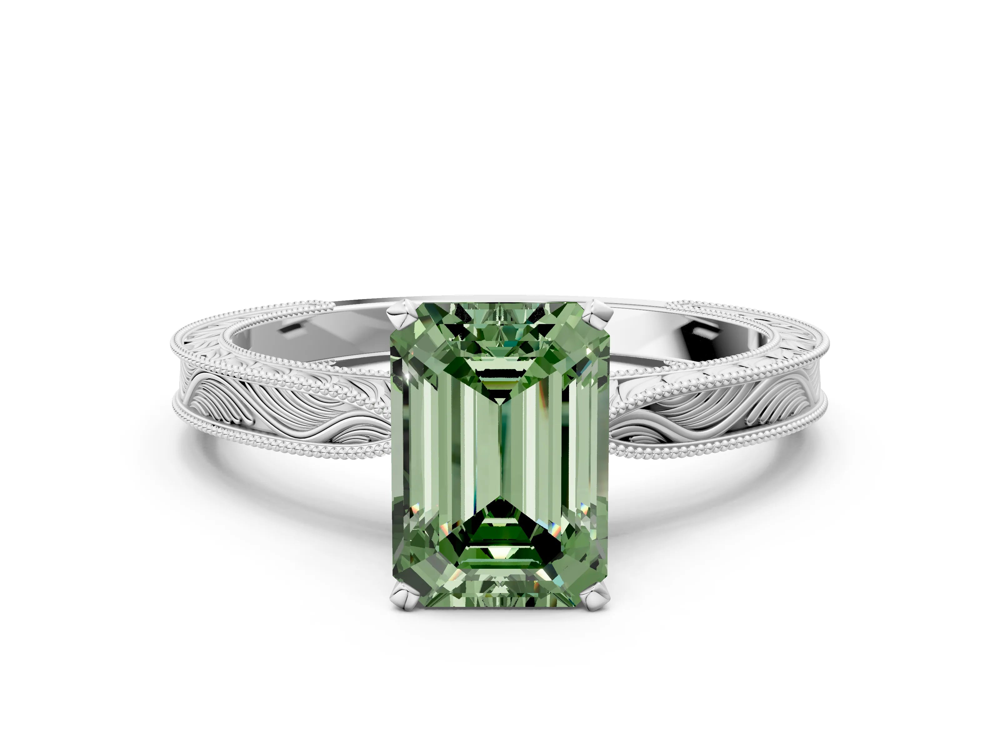 White gold Fancy Green Emerald Cut Solitaire Milgrain Engraved Band with Four-Prong Setting_12