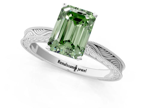 White gold Fancy Green Emerald Cut Solitaire Milgrain Engraved Band with Four-Prong Setting_13