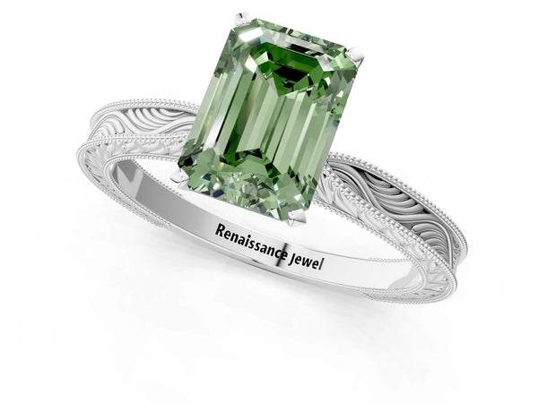 White gold Fancy Green Emerald Cut Solitaire Milgrain Engraved Band with Four-Prong Setting