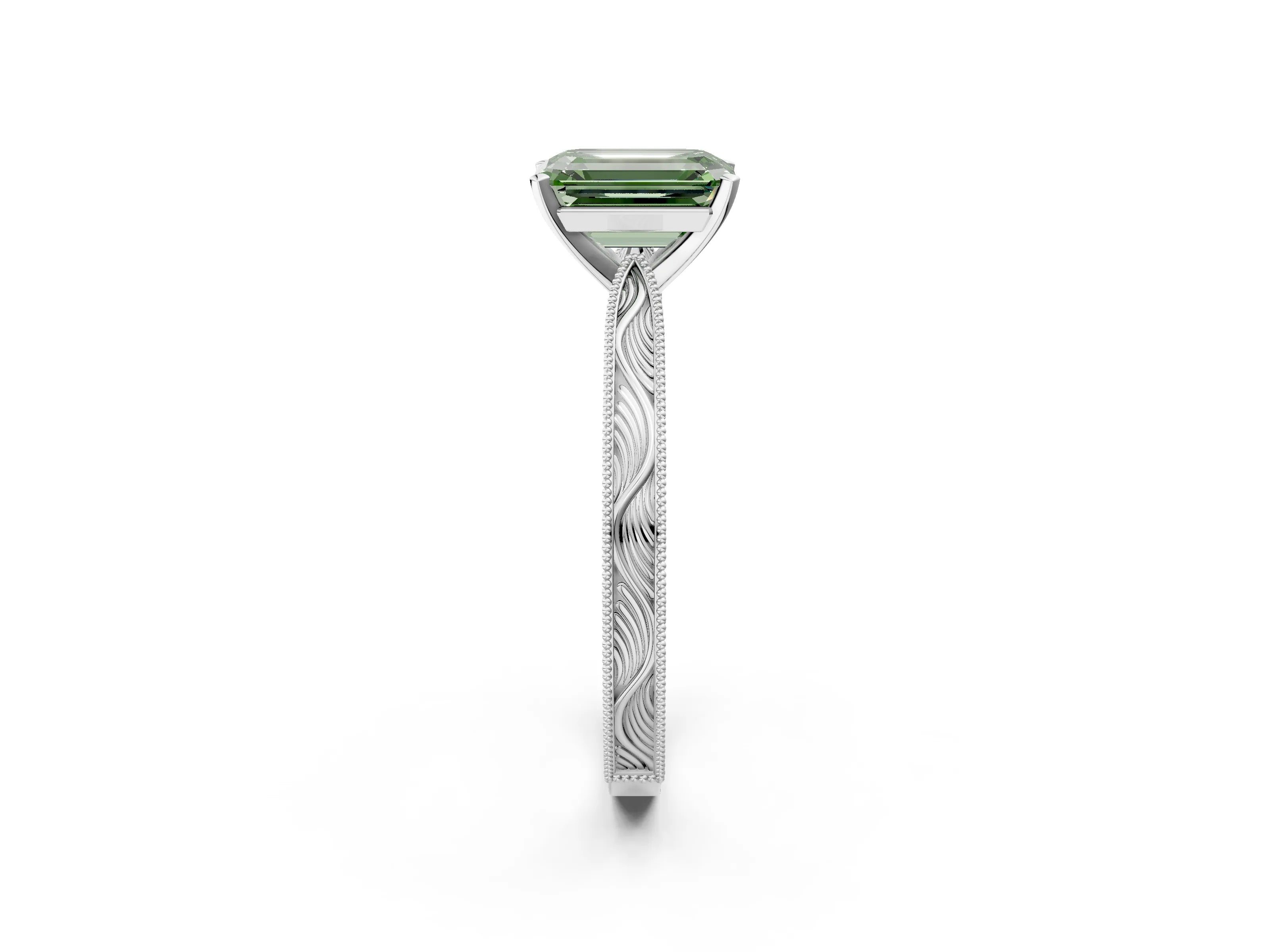White gold Fancy Green Emerald Cut Solitaire Milgrain Engraved Band with Four-Prong Setting_14