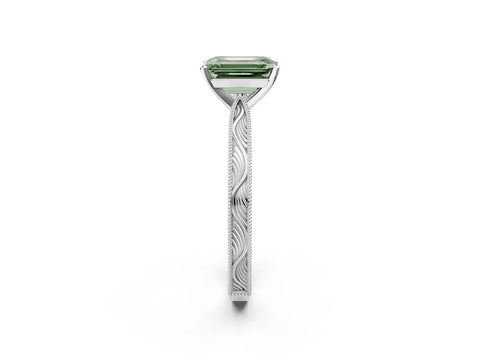 White gold Fancy Green Emerald Cut Solitaire Milgrain Engraved Band with Four-Prong Setting_14