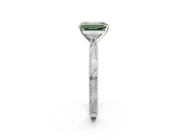White gold Fancy Green Emerald Cut Solitaire Milgrain Engraved Band with Four-Prong Setting