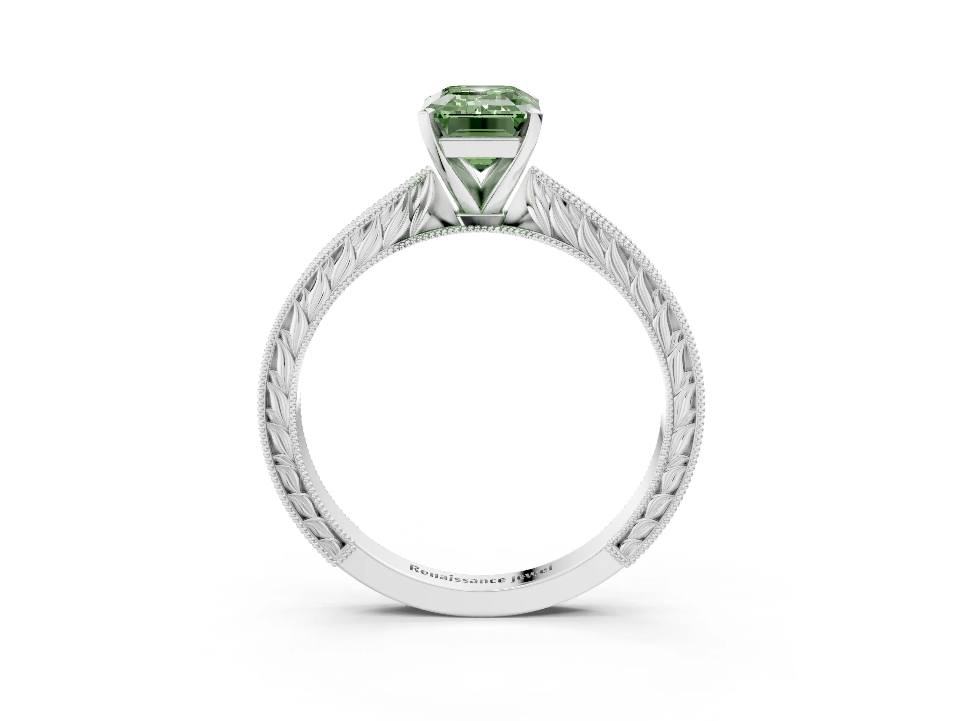 White gold Fancy Green Emerald Cut Solitaire Milgrain Engraved Band with Four-Prong Setting_15