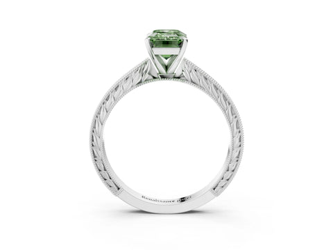 White gold Fancy Green Emerald Cut Solitaire Milgrain Engraved Band with Four-Prong Setting_15