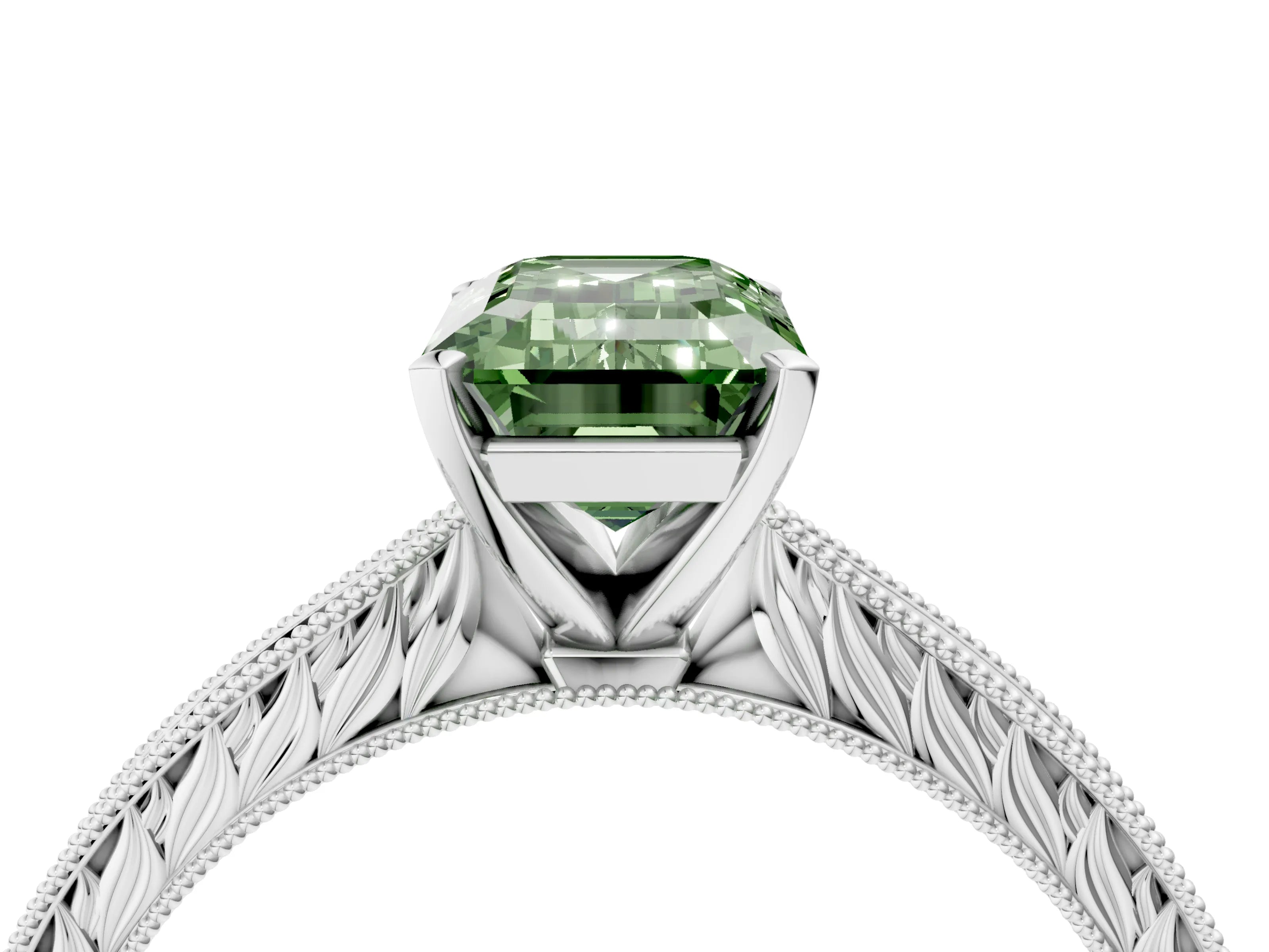 White gold Fancy Green Emerald Cut Solitaire Milgrain Engraved Band with Four-Prong Setting_16