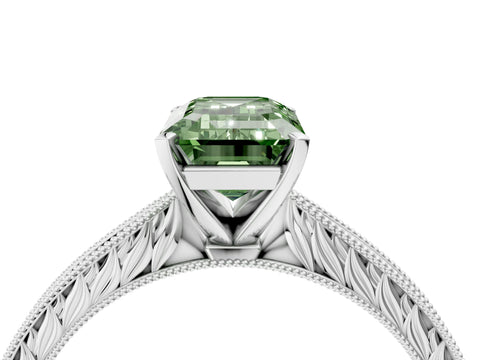 White gold Fancy Green Emerald Cut Solitaire Milgrain Engraved Band with Four-Prong Setting_16