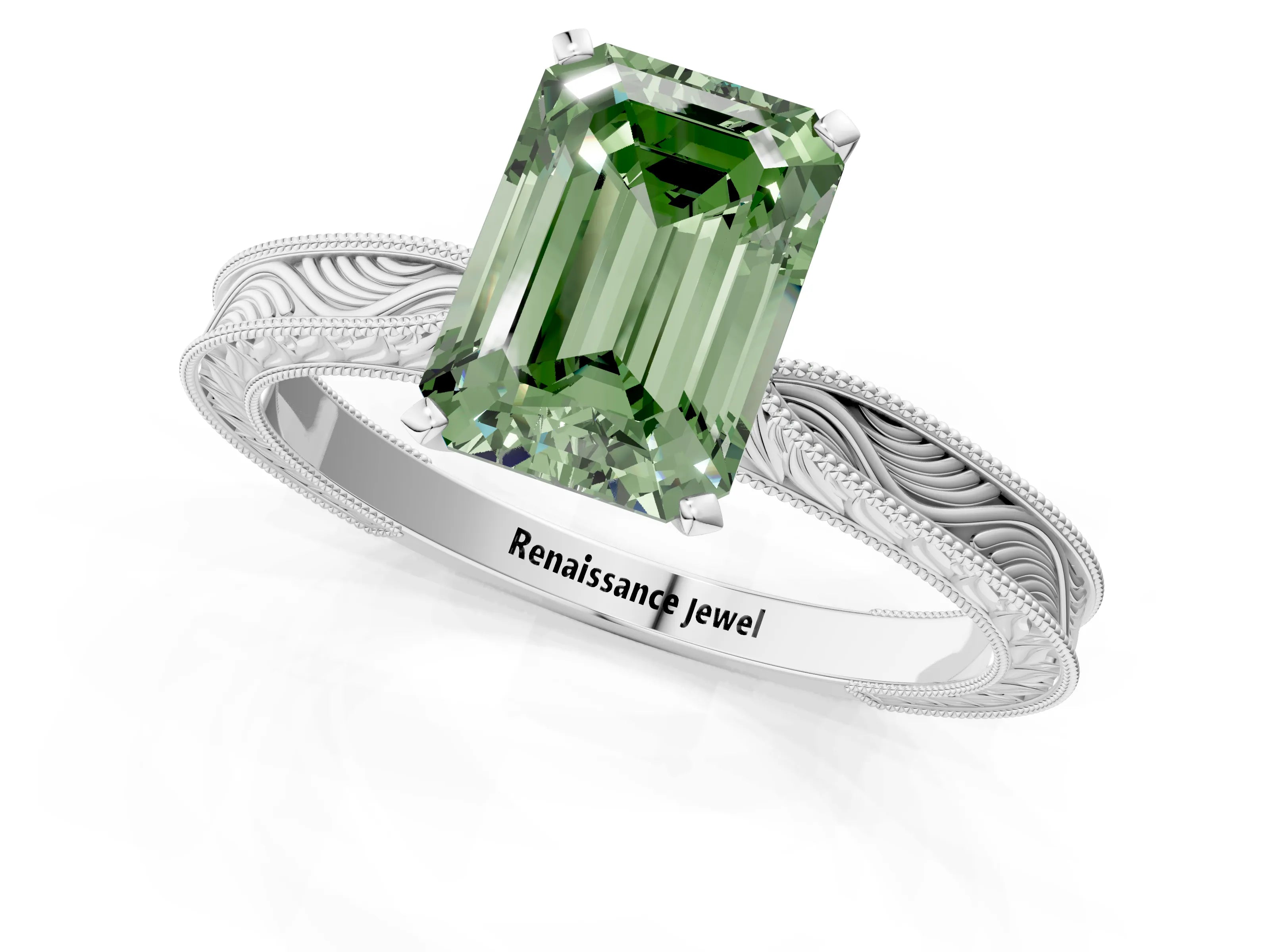 White gold Fancy Green Emerald Cut Solitaire Milgrain Engraved Band with Four-Prong Setting_1