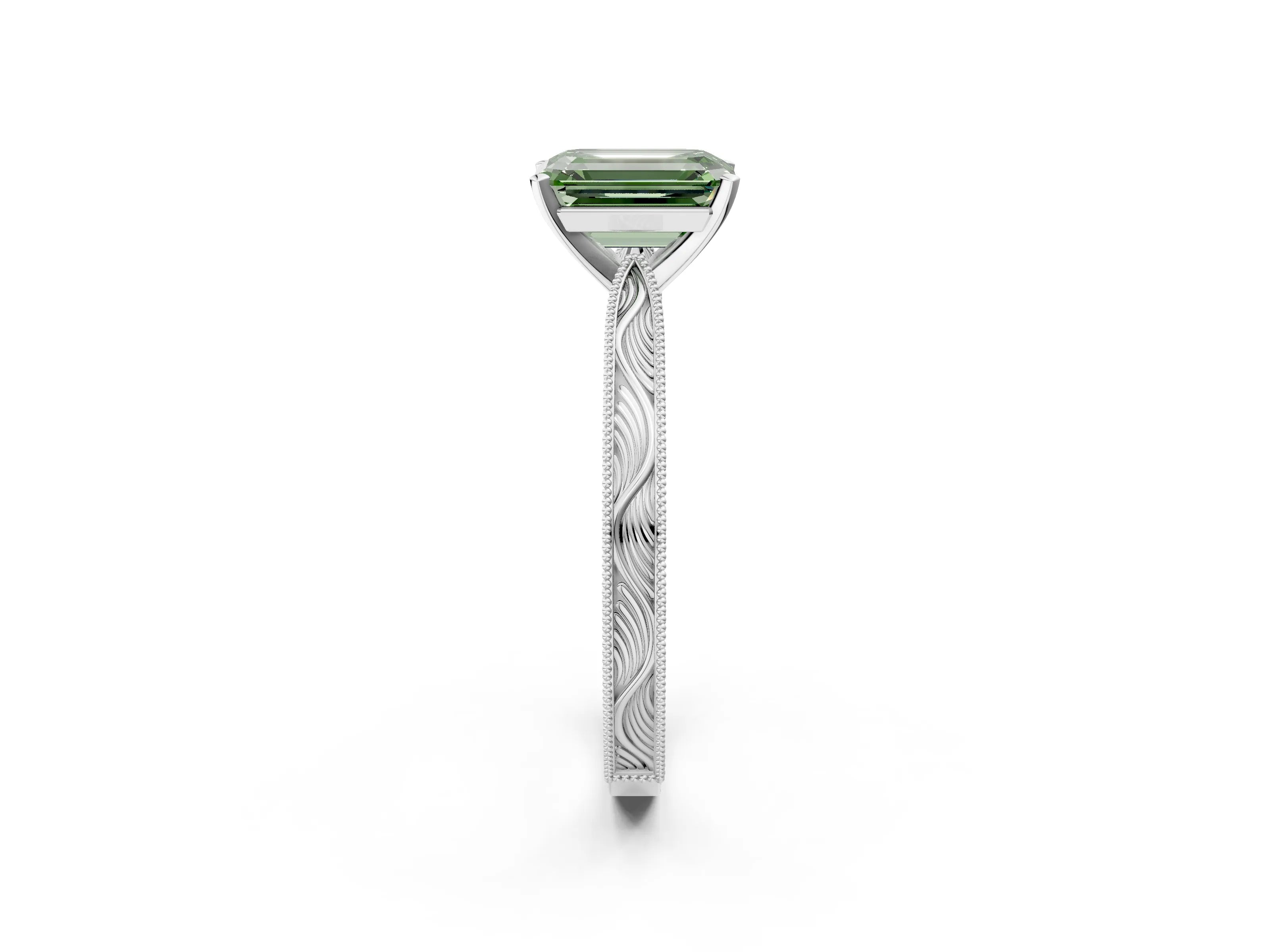 White gold Fancy Green Emerald Cut Solitaire Milgrain Engraved Band with Four-Prong Setting_2
