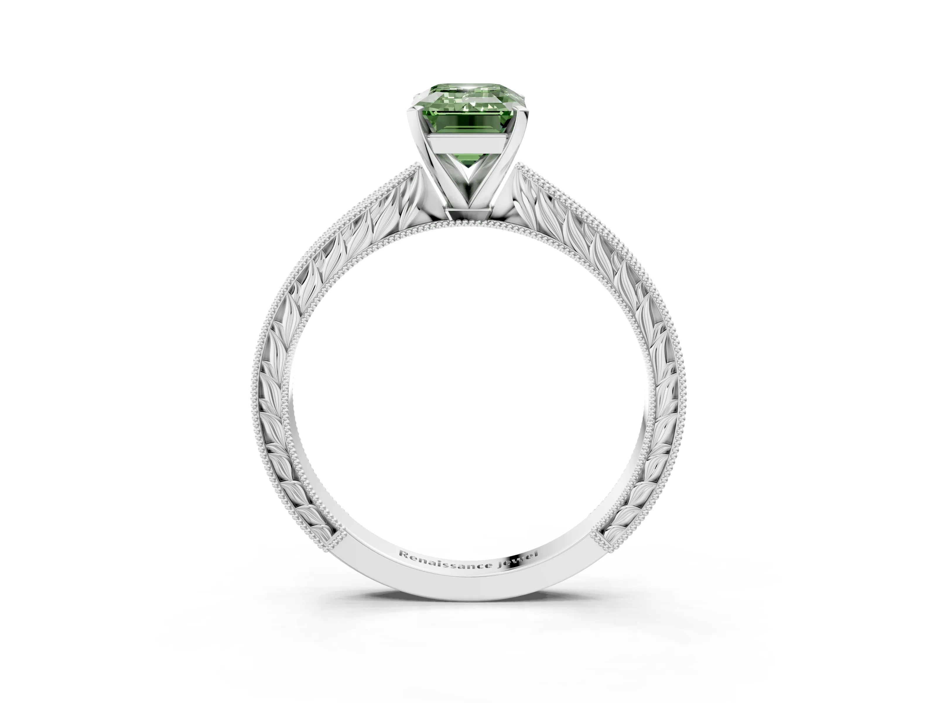 White gold Fancy Green Emerald Cut Solitaire Milgrain Engraved Band with Four-Prong Setting_3