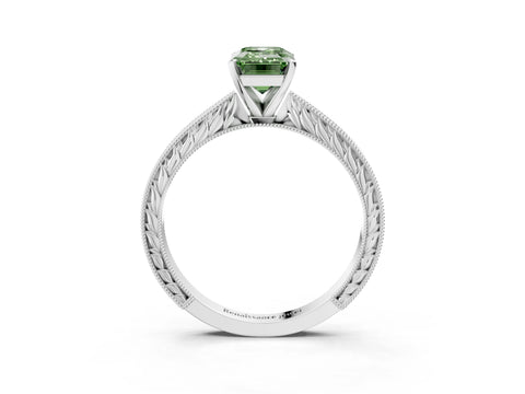 White gold Fancy Green Emerald Cut Solitaire Milgrain Engraved Band with Four-Prong Setting_3